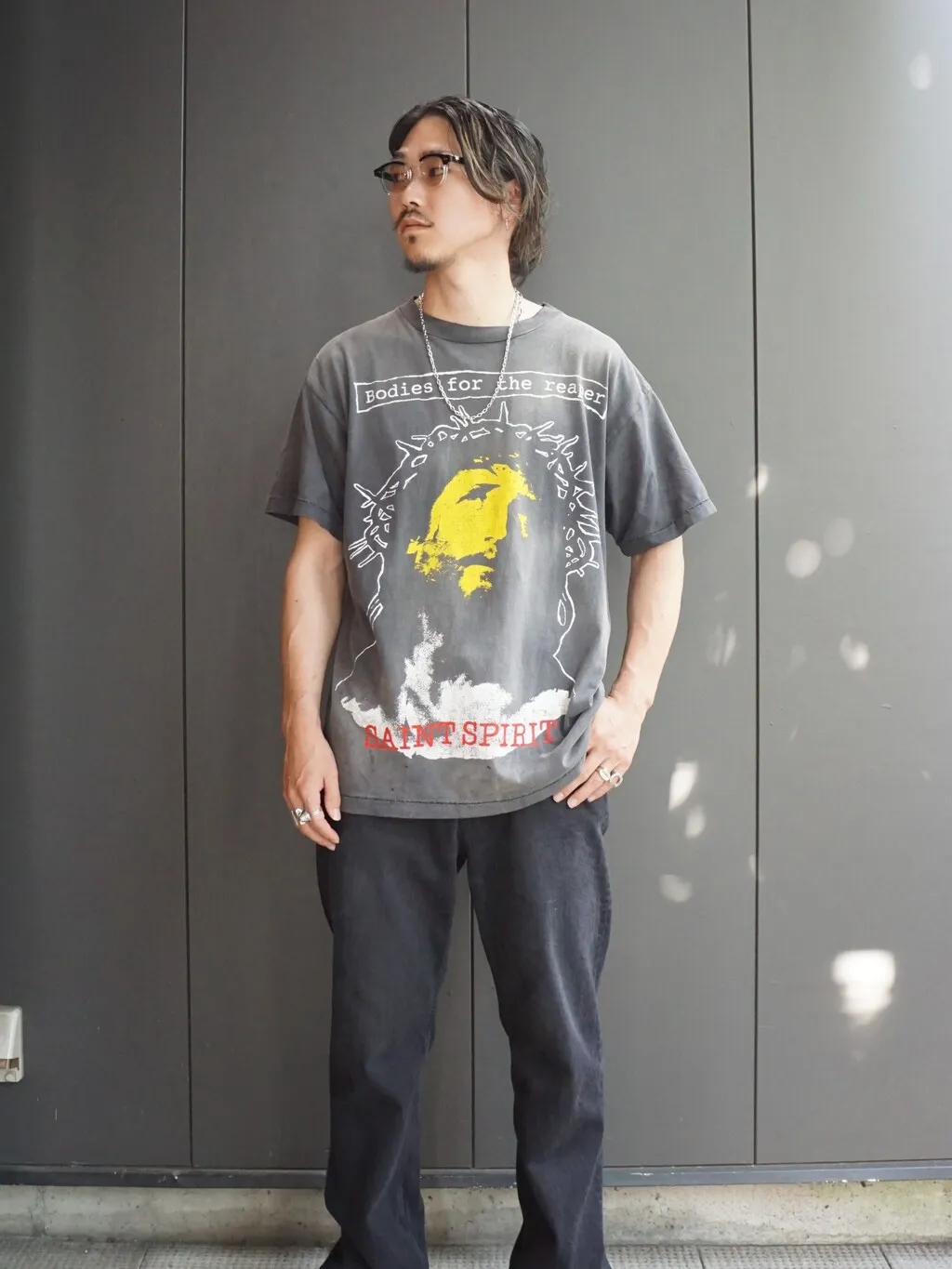 SAINT MICHAEL SS TEE/B FOR REAPER Jesus Hell's Angels Washed and Distressed Short Sleeves Washed Black S-XL Garment Dyed Printed Washed and Distressed